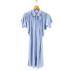 Light Blue Collared Maxi Shirt Dress Pockets Bat Sleeve Flutter Sleeve